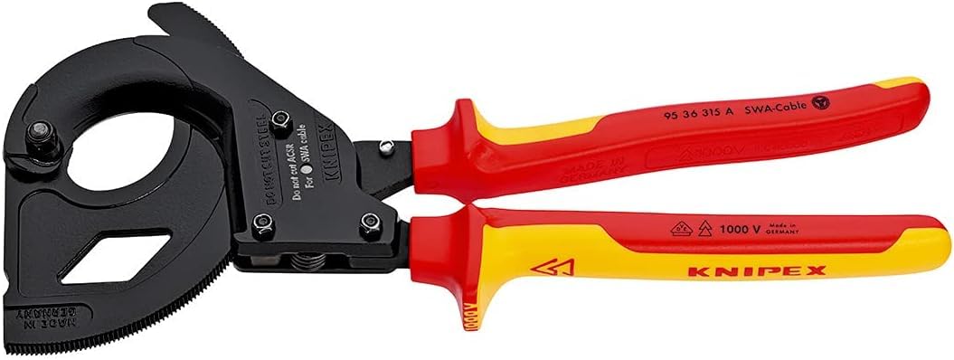 KNIPEX Cortacables (tipo carraca) para cables con cobertura de acero (cable SWA) en blister negro, lacado aislados con fundas, 95 36 315 A