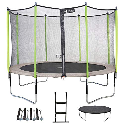 Kangui - Trampoline de Jardin 365 cm + Filet + échelle + bâche + kit d'ancrage JUMPI Taupe/Vert