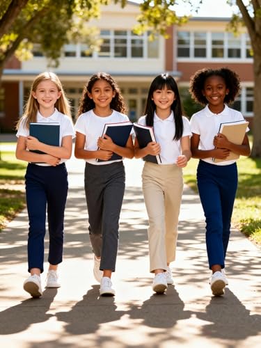 Image of Bienzoe Adjustable Waist Girls Pants: School Uniform Straight Leg | Growing kids Aged 3-13, Classroom, Campus Activities, Adjustable Fit Support, Private Academy Events, Soft Comfort, Easy Care