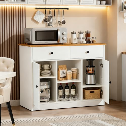 Image of ABOUT SPACE 3ft Kitchen Storage Cabinet with 2 Drawers, Open Center Shelf, 2 Closed Cabinet with Adjustable Shelves Modern Kitchen Rack Cupboard for Dining Room, Living Room, Entryway - CM Oak & White