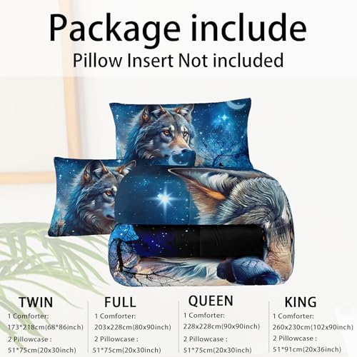Image of Wolf Comforter Set King for Boys Girls,Wolf Night Moon Galaxy Bed Set,Woodland Wild Animals Theme Comforter Set with 2 Pillowcase,Rustic Blue Black Bedding Set for Bedroom Decor