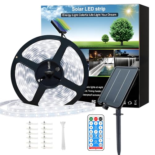 Meewata Solar Led Strip Lights Outdoor, 15M Solar Rope Lights Self-Adhesive Waterproof, 8 Mode with Remote Timer and Auto On/Off, Perfect for Deck, Patio, Pathways, Camping Decor, Cold White