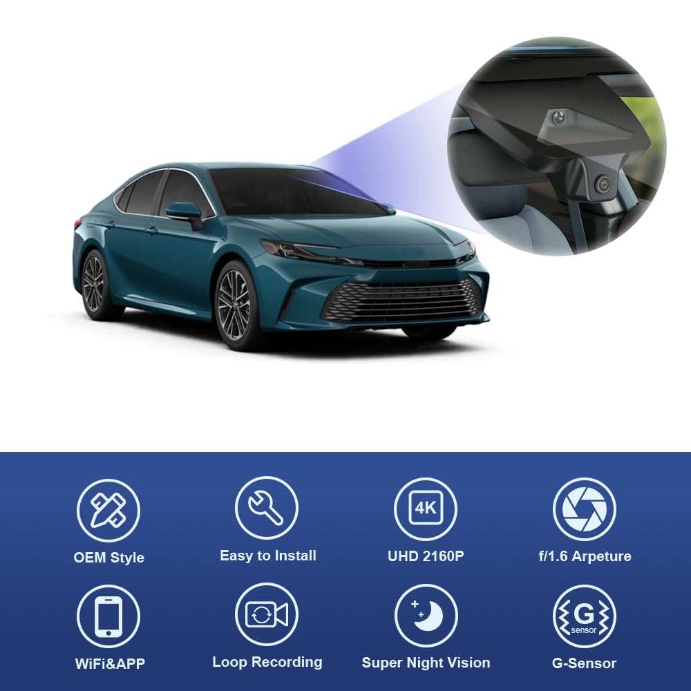 Fitcamx 4K Dual Dash Cam For Toyota Camry (2021-2024) – OEM Look, Front & Rear, WiFi, G-Sensor, Includes 128GB Card