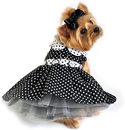 DOGGIE DESIGN Black White Polka Dot Daisy Party Harness Dress Comes with Matching Leash for Small Dogs in Size Small (Chest 13-16" Neck 10-13" - Pets Weighting 6-10lbs)