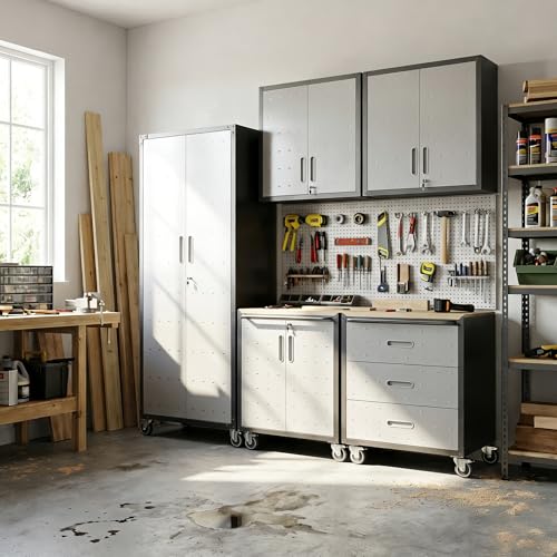 Image of Garage Cabinet System | Heavy Duty Steel All-in-One Modular Garage Cabinet Set for Ultimate Workshop Organization | Easy Assembly Garage Storage Cabinets & Tool Bench