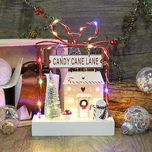 Lulu Home Christmas Tabletop Decoration, Wooden Pre-lit Xmas Candy Cane Lane Ornament with Metal Frame, Battery Operated LED Light Up Holiday Sign for Indoor Mantel Shelf Decor Lulu Home Christmas Tabletop Decoration Wooden Pre lit Xmas Candy Cane Lane Ornament with Metal Frame Battery Operated LED Light Up Holiday Sign for Indoor Mantel Shelf Decor