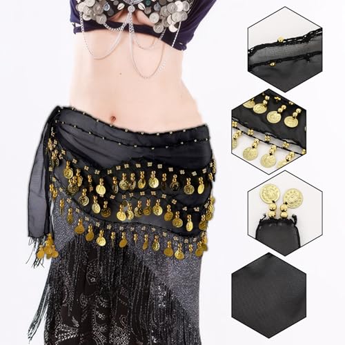 2 Pcs of Belly Dance Hip Scarf, Hip Scarf for Belly Dancing, with 3 Layers of Sequin Coins, Lightweight Chiffon Material, Suitable for Dancing, Daily Practice, Etc. (Black + Blue)4