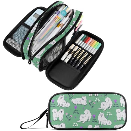 Image of Fustylead Cute White Samoyed Dogs on A Green Meadow Large Pencil Bag Storage Pen Case Makeup Pouch Stationery Bag for School College Office Organizer