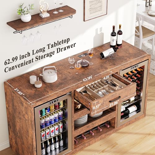 Jocoevol Large Coffee Bar Cabinet with Fridge Space, Mini Fridge Cabinet with Power Outlets and Wine Rack, Farmhouse Design Liquor Cabinet for Living Room, Kitchen, Entryway, Rustic Brown