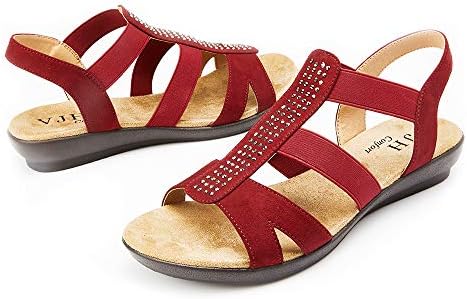 VJH confort Women's Flat Sandals with Rhinestone Open Toe Elastic Slip On Slingback Comfort Casual Walking Sandals(RED 9)
