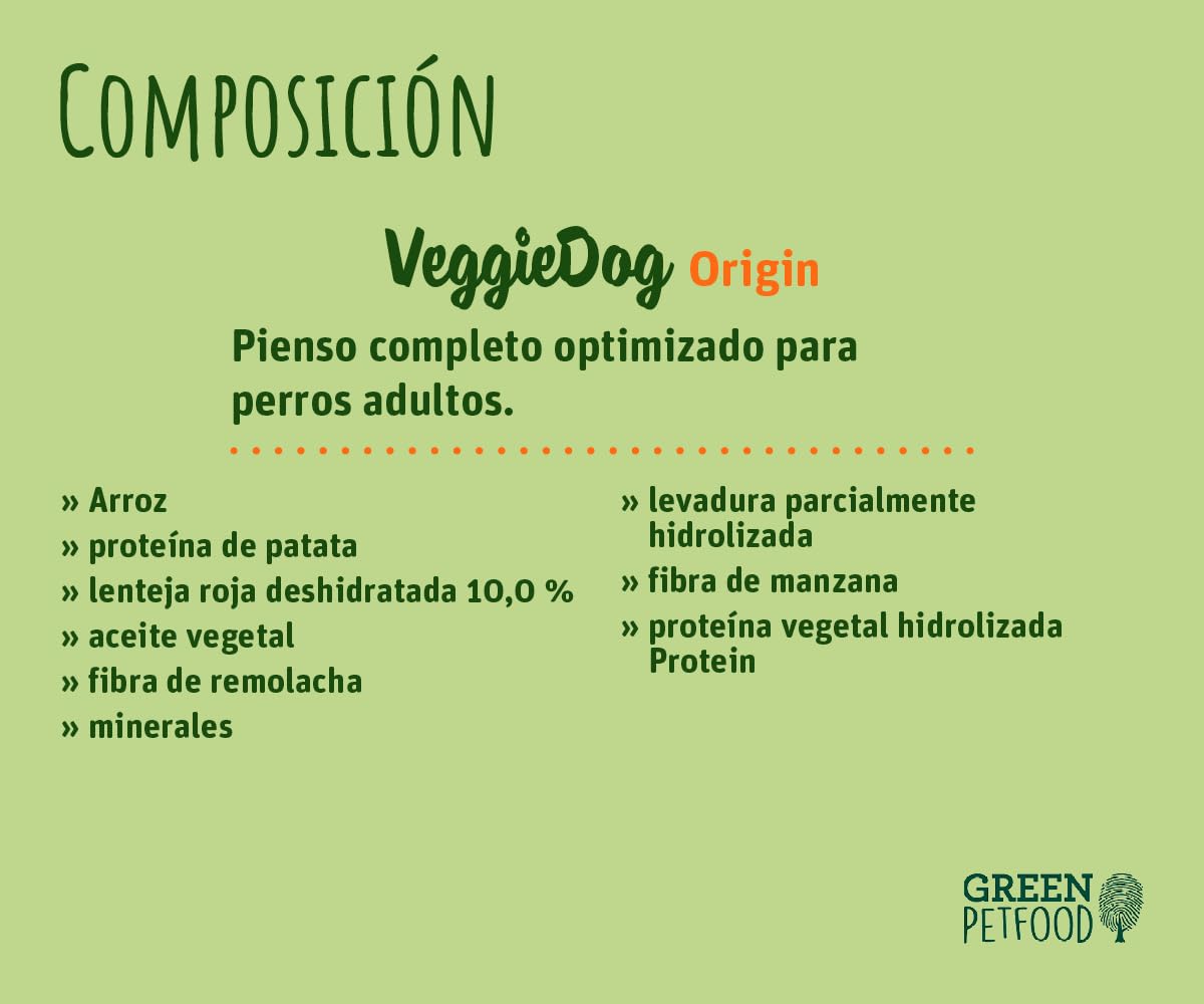 Green Petfood VeggieDog Origin Adult (1 x 10 kg) |Alimento completo con fórmula de nutrientes optimizada para perros adultos | Alimento vegetariano para perros sin gluten con lentejas rojas | 1 unidad
