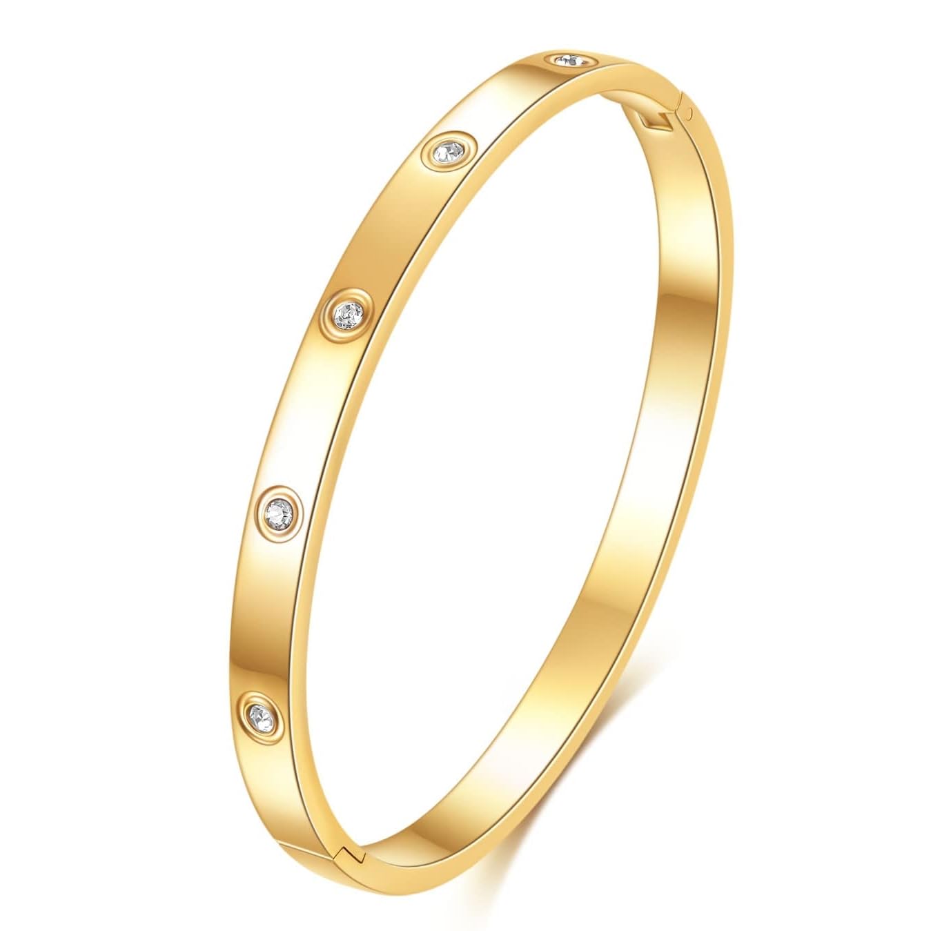 MYNENEY Rose Gold/Gold/Silver Titanium Stainless Steel Pave Cubic Zironia Simulate Diamond Stackable Oval Hinged Bangle Bracelet 6.5-7.5Inch (6mm-Crystal Gold, 7 Inch)