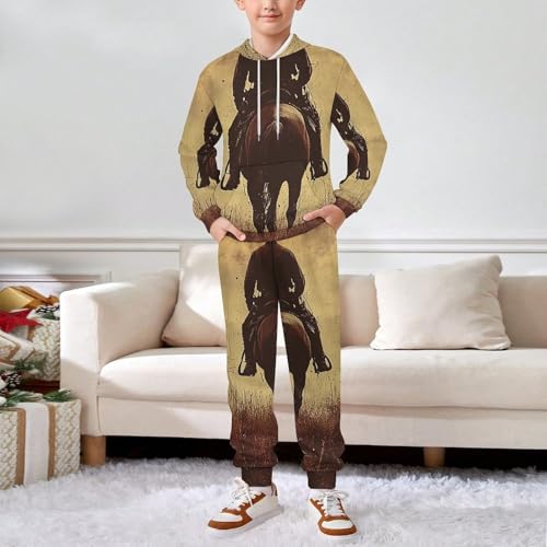 Boys Girls Sweatshirt Set 2 Piece Pullover Hoodie Kid Jogger Sweatpants, Western Cowboy Horse West Vintage3