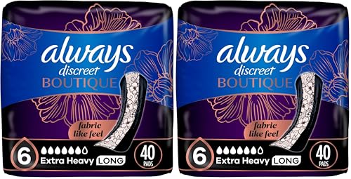 Image of Always Discreet Boutique Incontinence Pads, for Bladder Leaks, Extra Heavy Absorbency, Long Length, 40 Count (Pack of 2)