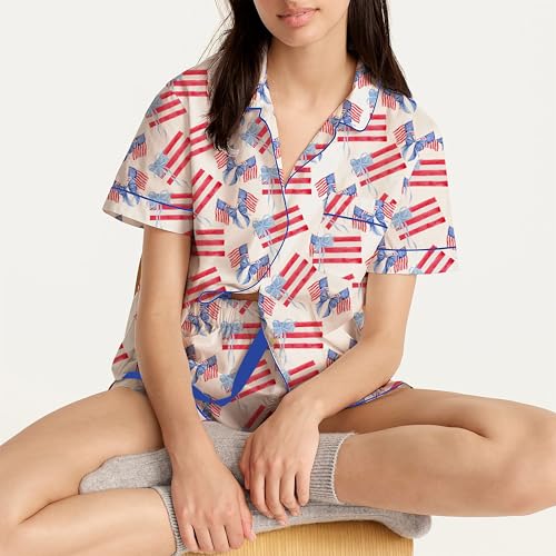 Image of Argeousgor Women 4th Of July Pajama Sets American Flag Short Sleeve Shirt and Shorts 2 Piece Independence Day Pajamas Set