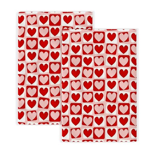 Image of Valentines Day Kitchen Towels Love Pink Red Heart Plaid Dish Towels, 16x24 Inch Holiday Checkered Valentines Decorative Hand Towels Absorbent Dish Cloths for Kitchen Dinner Drying Set of 2
