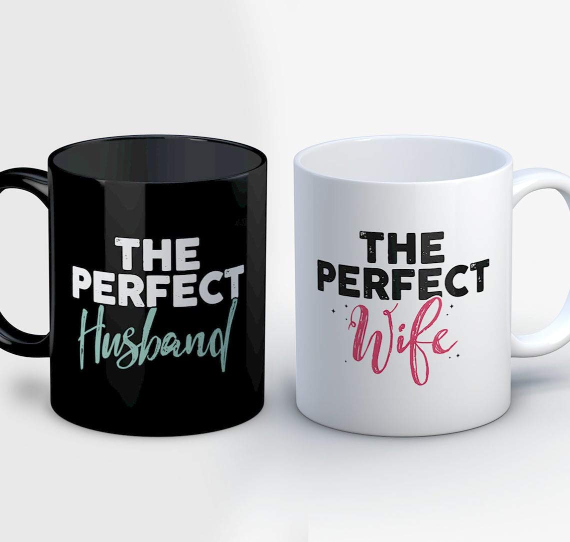 The Perfect Husband || The Perfect Wife || His and Her Matching Mug Set, Cute Couples Mug Set, Funny New Dating Couples Gift Couple Ceramic Coffee Mug Set of 2 (325ml) Ceramic Mug (325 ml, Pack of 2)