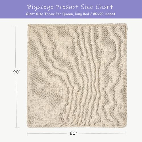 Bigacogo Chunky Knit Throw Blanket for Couch, 80x90 inches, 100% Hand Knitted with Thick Jumbo Chenille Yarn, Cozy Soft Large Rope Knot Cable Crochet Blankets for Sofa Bed Living Room, Beige