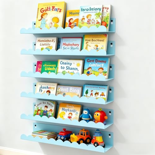 FESTLOVE Nursery Book Shelves Set of 6, Blue Metal Floating Shelves for Wall, 16 Inch Scalloped Book Shelf for Kids Room, Bathroom, Bedroom, Playroom Wall Decor & Storage