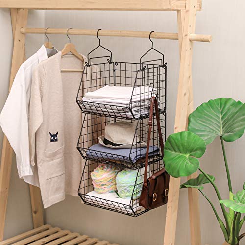 X-cosrack-3-Tier-Foldable-Closet-Organizer-Clothes-Shelves-with-5-S-Hooks-Wall-MountCabinet-Wire-Storage-Basket-Bins-for-Clothing-Sweaters-Shoes-Handbags-Clutches-Accessories-Patent-Design