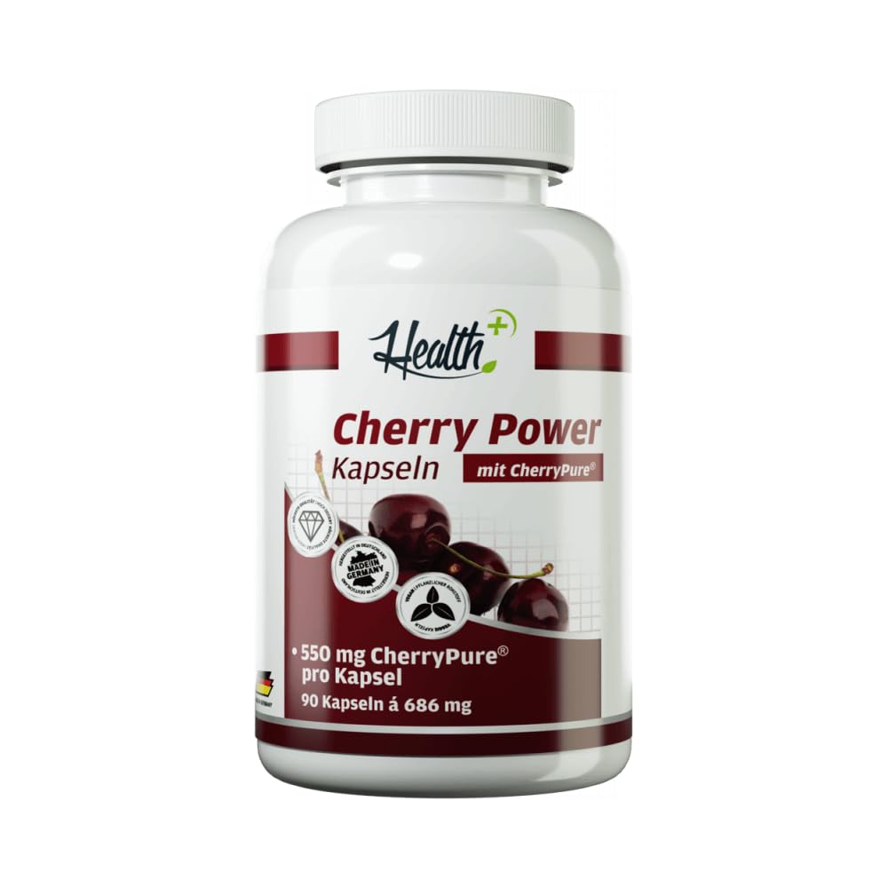 Health+ Cherry Power - 90 Kirschextrakt-Kapseln, 550 mg Cherry Pure aus der Montmorency Kirsche, hochdosiert und reich an Vitaminen, Mineralstoffen & Antioxidantien, Made in Germany