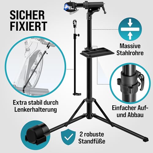 Monzana® Fahrradmontageständer Profi 50 kg für E-Bike Tragetasche Reifenheber Werkzeugablage Stahl klappbar höhenverstellbar Reparaturständer Fahrrad