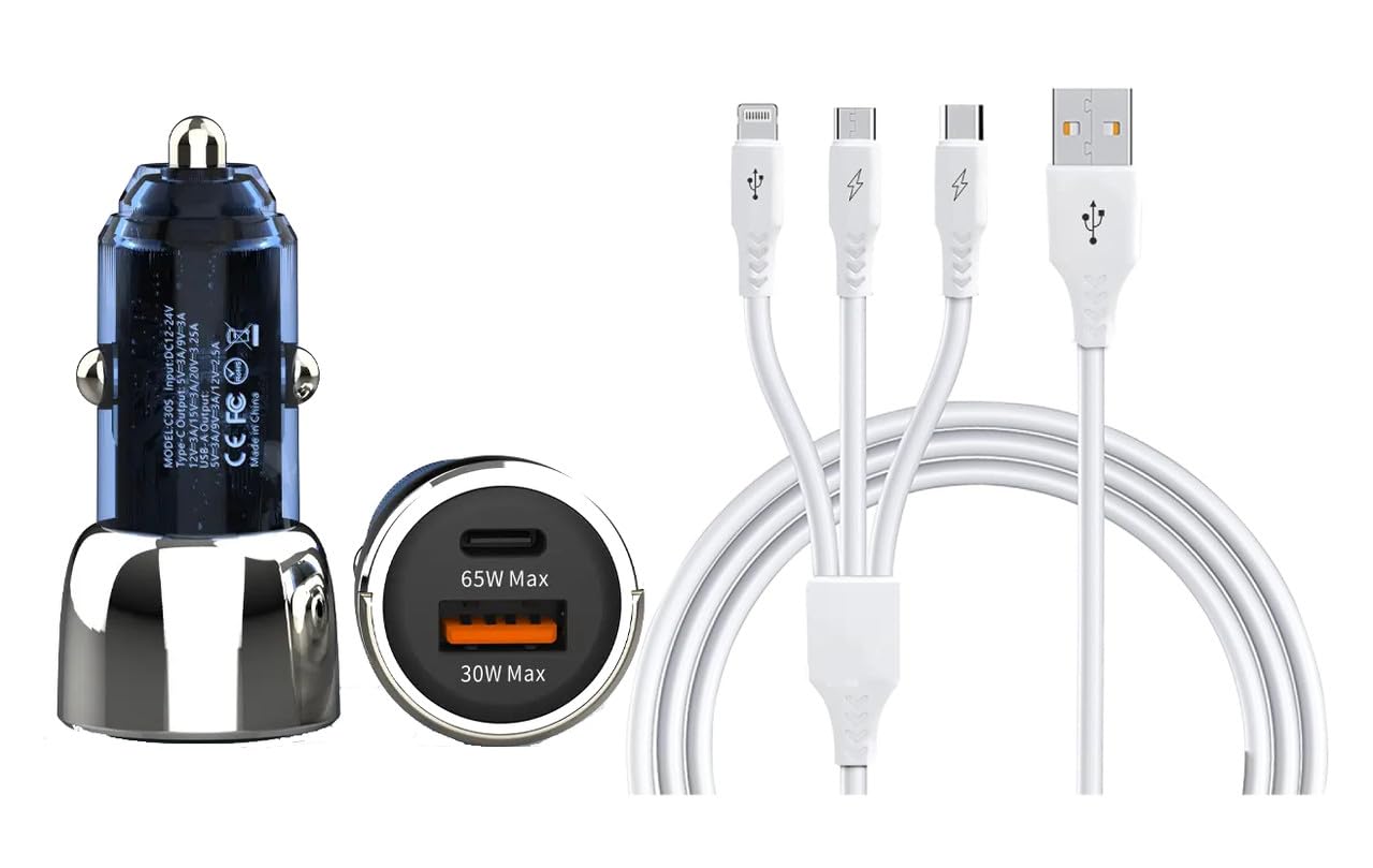 65W Car Charger for Volvo XC60 B5 Ultimate Dual USB Port USB+PD High Speed Quick QC 3.0 Smart with 1.2m 3-in-1 Multi Cable Micro USB Android iOS Type-C USB Cable (Black, SZ.M)