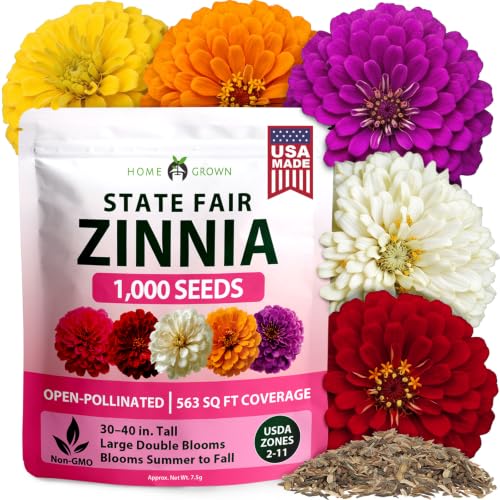 Image of HOME GROWN State Fair Zinnia Seeds (Zinnia Elegans) - 1,000 Flower Seeds for Planting 2026, 7.5g Bulk, Beds, Borders, Cottage Garden, Pollinator Friendly, Large Double Blooms