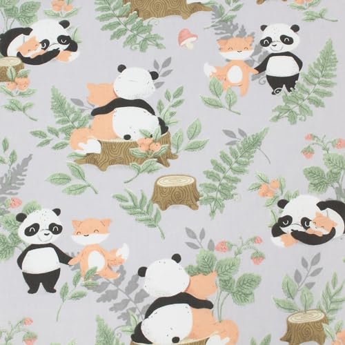 Kinderstoff Baumwolle Meterware 160 cm – Panda & Fuchs Wald Motiv auf Grau – Baumwollstoff schadstoffgeprüft – Stoff Tiere für Kinderbettwäsche, Kleidung & Deko
