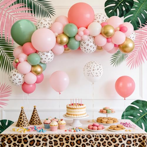 Image of Pink and Green Balloons, Jungle Safari Balloon 12 Inch Leopard Cheetah Print Sage Green Dusty Light Pink Metallic Gold Latex Balloons for Girls Boho Baby Shower Wild One Birthday Party Decorations