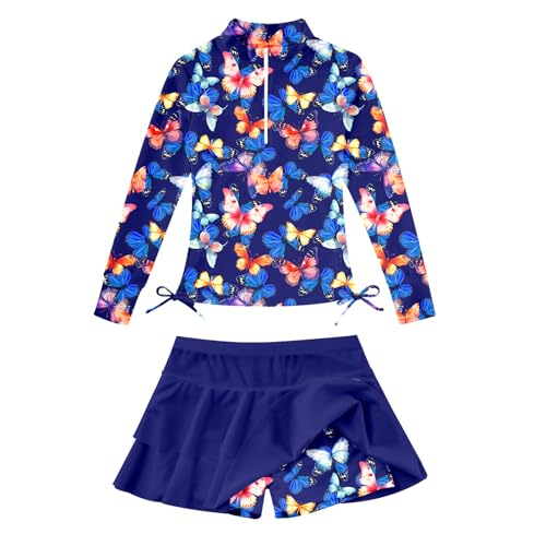 Image of Vogseek 3-12T Girls Rash Guard 2 Pieces Bathing Suit Long Sleeve Swimsuit Swimming Skirt with Shorts Swimwear