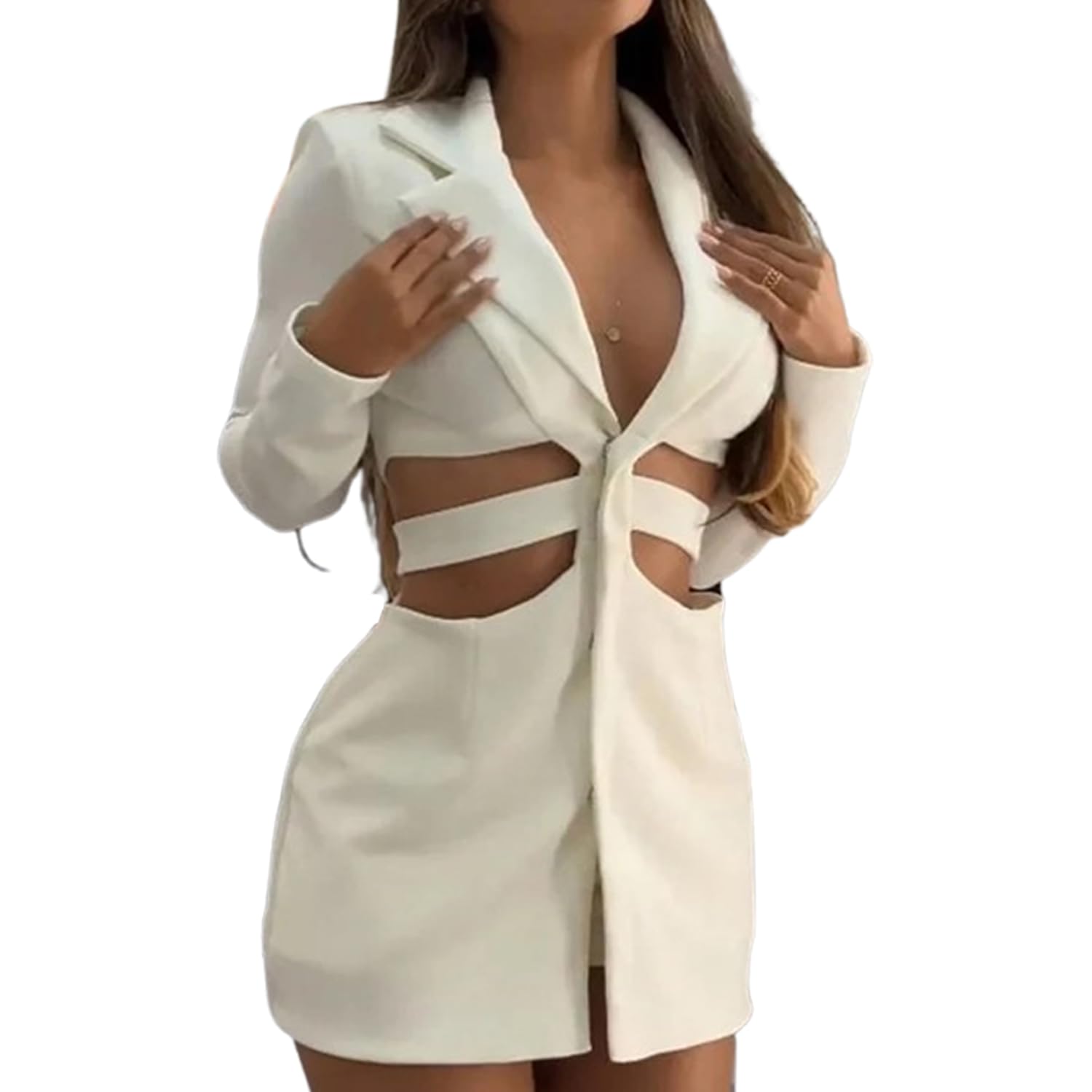 Vestido de Traje con Solapa Hueca, Elegante Minivestido Blazer de Verano para Mujer, Manga Larga, con Aberturas, Escote en V Profundo, Corte A, Sexy
