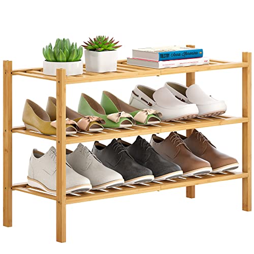 FILWH Bamboo Shoe Rack Stackable Shoe Shelf Storage Organizer for Unit Entryway Hallway and Closet Sturdy Freestanding Shoe Shelf(3 Tier Natural)