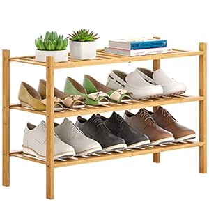 FILWH Bamboo Shoe Rack Stackable Shoe Shelf Storage Organizer for Unit Entryway Hallway and Closet Sturdy Freestanding Shoe Shelf (Natural, 3-Tier/27 * 11 * 18.3IN)