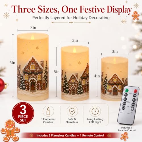 Image of Tujoe 3 Pcs Christmas Gingerbread House Flameless Candle LED Pillar Candle