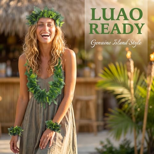 Image of Housoutil Hawaiian Green Leaf Leis Set, Green Hawaiian Party Garland, Tropical Hula Dance Accessories, Artificial Foliage Necklace Headband Wristbands, Summer Beach Jungle Hula Costume for Party
