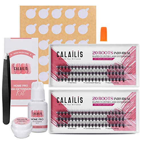 CALAILIS DIY Eyelash Extension, Individual Cluster Lash Extensions Kit Sensitive Glue Cream Remover at Home Use Self Application（0.05mm C mix,20 roots/pack）