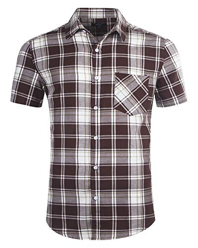 AVANZADA Mens Plaid Short Sleeve Button Down Shirts Standard-Fit Slim Fit Work Casual Western Dress Shirts for Men Brown-L