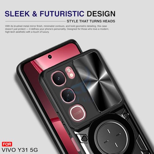 Image of AESTMO Armor Vivo Y31 5G Bumper Back Case Cover | Ring Holder & CD Pattern Sliding Camera Shutter Cover | Back Case Cover for Vivo Y31 5G (Black)