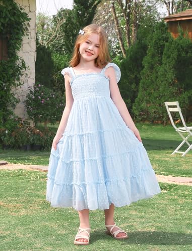 FYMNSI Toddler Girls Dress Spring Summer Flutter Sleeve Princess Smocked Swiss Dot Flowy Birthday Party Pageant Sun Dress3