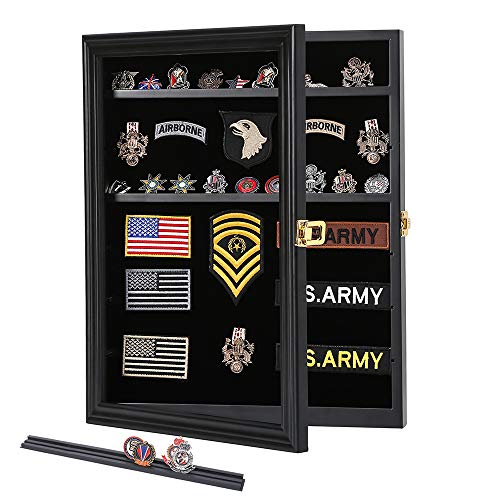 Military Challenge Coin Medals Pins Collector Display Case Lockable Wall Frame Wood Cabinet Black Shadow Box with Removable Shelves and Pinnable Background for Badges Patches Insignia Ribbons Brooches