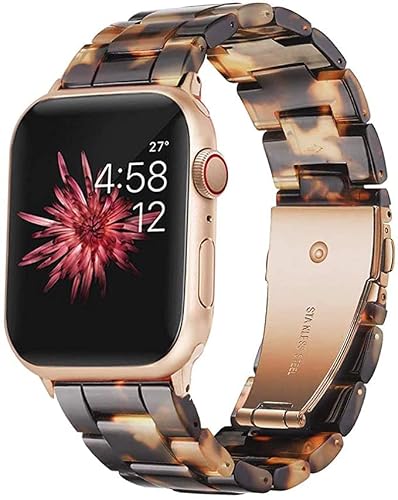 Wongeto Compatible with Apple Watch Band 42mm 44mm 45mm Womens Men for iWatch Resin Wristbands Replacement Strap Series SE,7,6 5 4 3 2 1(Rose Gold+Tortoise,42/44/45mm)
