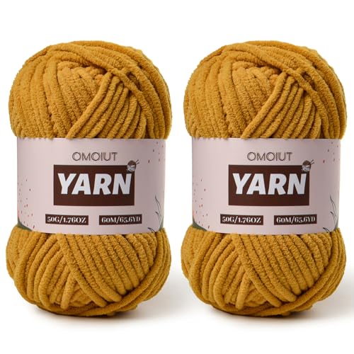 Image of 2 Packs Plush Chenille Chunky Crochet Yarn - Baby Yarn for Crocheting Soft - Velvet Yarns Knitting for Blankets Crafts - Fluffy Amigurumi Yarns 100g /131yds (2 Turmeric)