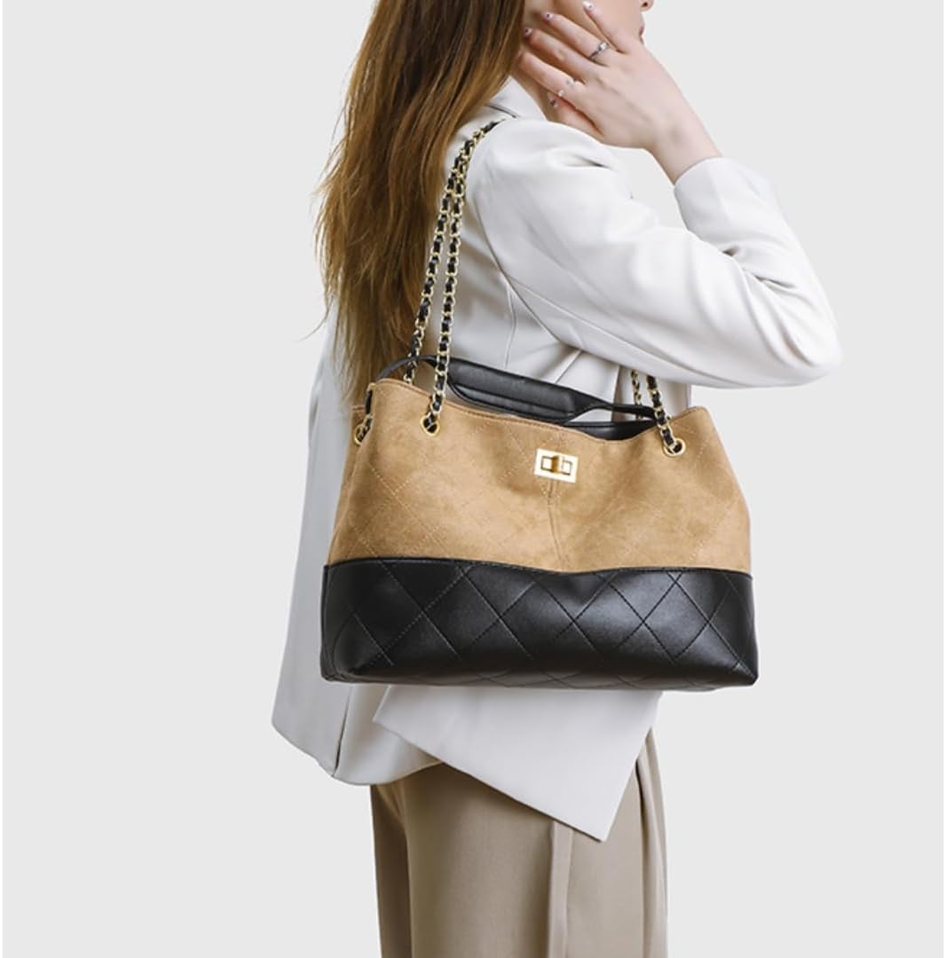Women’s Suede Leather Quilted Shoulder Bags Chain Strap Top Handle Handbags Carryall Slouchy Tote Bag Purse