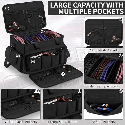 Image of IBVIVIC Cable File Bag with Adjustable Dividers Dj Gig Bag for Cables, Cords,DJ Gear,Sound Instrument and Accessories 16L x 11W x 12H inch Black