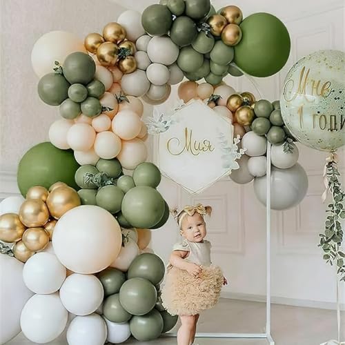 Image of PartyWoo Sage Green Balloons 100pcs 12 Inch Metallic Gold Sand White Gold Confetti Balloons for Baby Shower Gender Reveal Wedding Engagement Jungle Woodland Forest Birthday Party Decorations