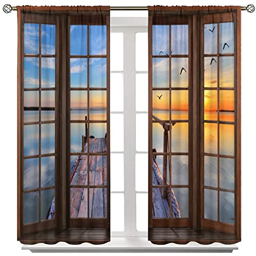 Landscape Curtains,Nature 3D Scenery View Window Treatments For Living Room, Rustic Bridge Lake Birds Curtain 2 Panels,42X45 Inch #TOP2