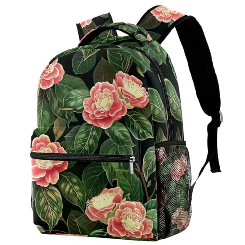 Sac à dos de voyage rose feuilles de camélia parfait pour les sorties scolaires
