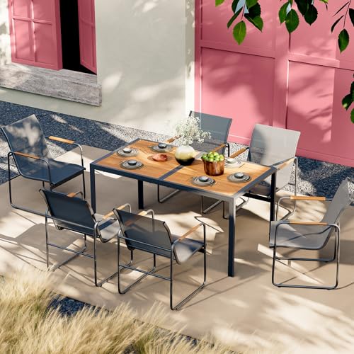Rotihom 7 Pieces Patio Dining Set,Outdoor Patio Table and Chairs Set For 6 with 6 Texlin Seats & 59