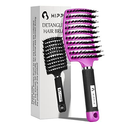 Hair Brush, Hippih Faster Blow Drying Detangling Brush, Curved Vented Brush Make Hair Shiny & Healthier, Boar Bristles Hair Brushes For Women Man Wet Dry Curly Thick Straight Hair #TOP9